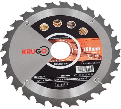Диск пильный по дереву 180x30 мм, 24T KRUGO WA180024