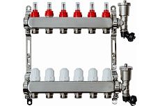 Коллекторная группа с расходомерами Grosseto 1&quot;x3/4&quot; 6 выходов, нержавеющая сталь, 10 бар, универсальный кронштейн 2042993