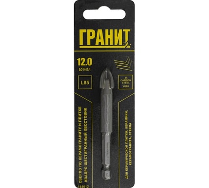 Сверло по керам Гранит у и плитке Квадро 12x85 мм, 1/4HEX-E Гранит 144012