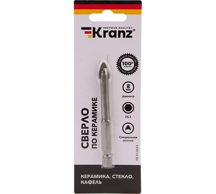 Сверло по стеклу и керамике 8 мм, 2 грани шестигранный хвостовик Kranz KR-91-0643