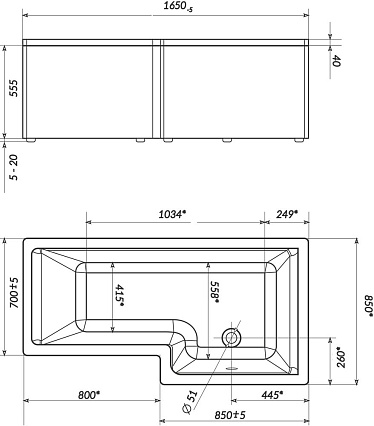 Акриловая ванна Marka One Linea 165x85 R