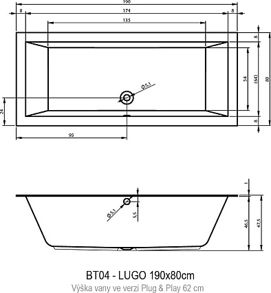 Акриловая ванна Riho Lugo Plug&Play 190x80 см L с монолитной панелью