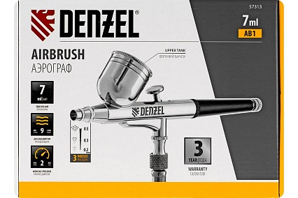Аэрограф с верхним бачком Denzel ab1, 0.2/0.3/0.5 мм, 7 мл, 9 л/мин 57313