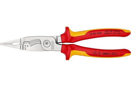 Электромонтажные клещи Knipex VDE, 6-в-1, 200 мм, диэлектрические, хром, 2К ручки, KN-1386200SB