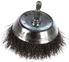 Щётка чашеобразная, гофрированная стальная проволока №085 (75 мм; хвостовик шестигранный) для дрели АТАКА 22389