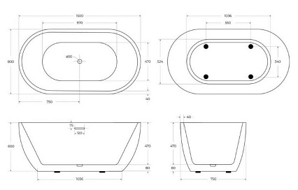 Акриловая ванна BelBagno BB70 150x80 черный матовый