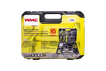 Набор инструментов WMC TOOLS 95 предметов, дрель ударная , набор бит, сверло плоск, уровень ,ножовка ,кл разводной ,рулетка ,ножовка ,уровень ,нож, комплект метиз WMC-1095(50786)