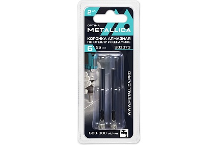 Коронки алмазные 6x55 мм, #80, по стеклу, плитке, 2 шт, в блистере METALLICA Optima 901373