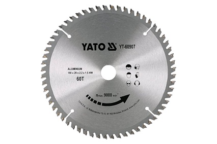 Диск пильный по алюминию, 180x20x2,2x1,5/60 зубьев Yato YT-60907