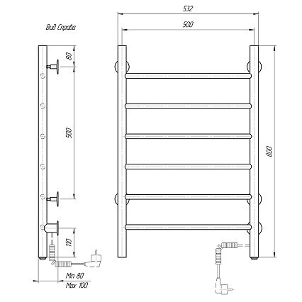 Полотенцесушитель электрический Domoterm Классик DMT 109-6 50x80 EK ТЭН справа, белый