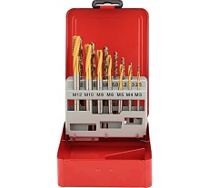 Набор спиральных машинных метчиков H-Tools M3-M12 HSSE-TiN DIN371/376 + сверла 14пр 245053THT