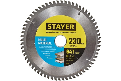 Пильный диск по алюминию Stayer Multi Material 230x32/30 мм, 64Т, супер чистый рез 3685-230-32-64