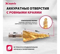 Сверло ступенчатое HSS, 4-6-8-10-12-14-16-18-20 мм Matrix 72356