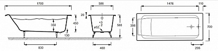 Чугунная ванна Jacob Delafon Parallel 170x70, без антискользящего покрытия