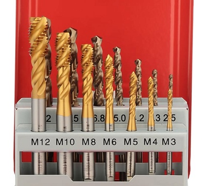 Набор спиральных машинных метчиков H-Tools M3-M12 HSSE-TiN DIN371/376 + сверла 14пр 245052THT