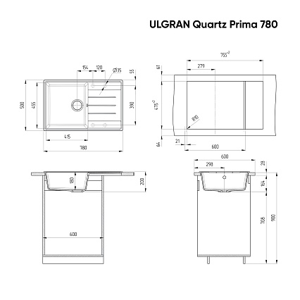 Кухонная мойка Ulgran Quartz Prima 780-08 78 см космос