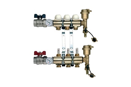 Коллекторная группа Tiemme 3 отвода 1" с расходомерами, латунь 3870008 / 3871G060503