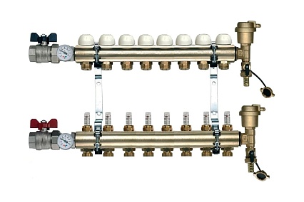 Коллекторная группа Tiemme 8 отводов 1" с расходомерами, латунь 3870003 / 3871G060508