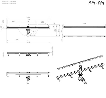 Душевой лоток Am.Pm MasterFlow W01SC-S11-100-05SB 100 см, комб.затвор, решетка Slim Line, хром матовый