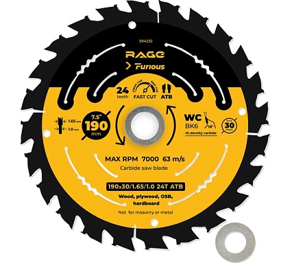Диск пильный fast cut 190 мм (7 1/2”), z24, посадка 30+20/16 мм RAGE Furious 594232