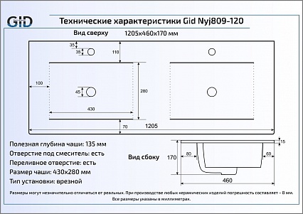 Раковина Gid NYJ809-120 120.5 см