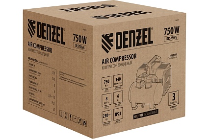 Компрессор Denzel dls750/6 безмасляный малошумный 750 вт, 140 л/мин, ресивер 6 л 58019