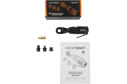 Пневматическая трещотка Wiederkraft со сменными приводами 1/4", 3/8", привод для бит 1/4", 6.3 мм WDK-21340