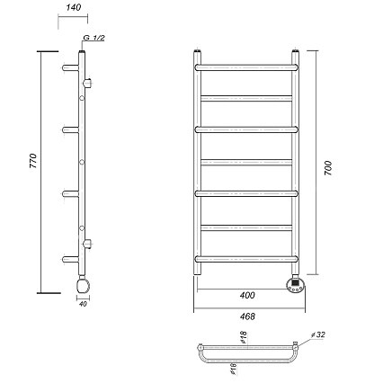 Полотенцесушитель электрический Domoterm Орфей П7 400x700 ER, ТЭН справа, хром