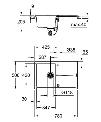 Кухонная мойка Grohe K400 31639AP0 78 см черный гранит