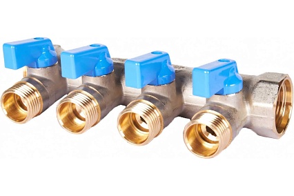 Коллектор с шаровыми кранами STOUT Smb 6211 341204 3/4", 4 отвода 1/2", синие ручки RG0091AACQNHBU