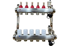 Коллектор для теплого пола Sanext 8525-1 нержавеющая сталь, с расходомерами, автоматический в/о и дренажный клапан, ДУ25, ВР1x5 конт. НР 3/4