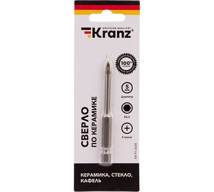 Сверло по стеклу и керамике 5 мм, 4 грани, шестигранный хвостовик Kranz KR-91-0648