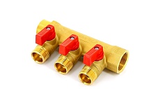 Коллектор Tiemme Nino НВ, 3/4&quot;, с кранами, 3 выхода, 1/2&quot;, Н 36 мм, красный, флажок 1820036