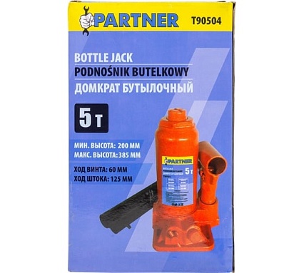 Домкрат бутылочный Partner 5т с клапаном h min 200мм, h max 385мм, ход штока-125мм, ход винта-60мм PA-T90504(52691)