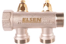 Модульный коллектор ELSEN 3/4&quot;, 2 контура, размер отвода-3/4&quot; ЕК, с вентилями, латунь EMW01.02