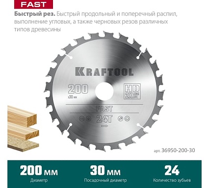 Диск пильный по дереву Kraftool Fast 200x30 мм, 24Т 36950-200-30