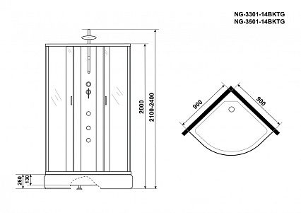 Душевая кабина Niagara NG 3301-14BKTG 90x90 стекло матовое, без крыши, тропический душ, гидромассаж