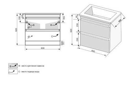 Тумба с раковиной Style Line Атлантика 60 см подвесная