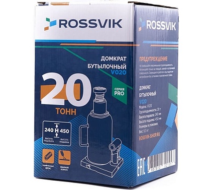 Домкрат бутылочный Rossvik PRO V020 г/п 20.0 т V020 PRO