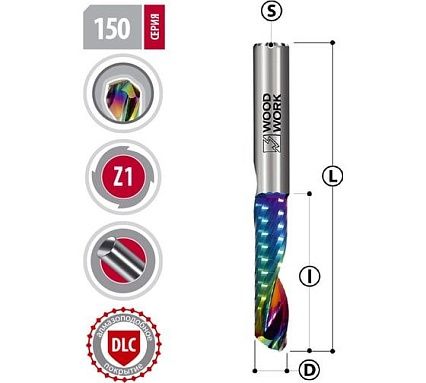 Фреза спиральная Upcut для акрила z=1 DLC покрытие 6х50х25 мм, s=6 мм WOODWORK 150.2550.06