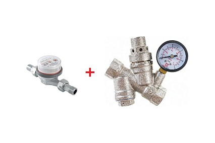 Комплект Valtec _3 VI7 Водосчетчик унив., квартирный, до +90 С, 1,5м3, 1/2", 110 мм VLF-15U + Редуктор давления с фильтром и манометром, от 2 до 5 бар 1/2 VT.082.N.04 VT.VI7.K3.VLF.082