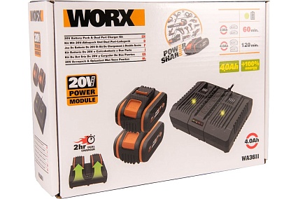 Комплект: Двойное Зарядное устройство Worx WA3883 + 2 АКБ 4.0 А/ч