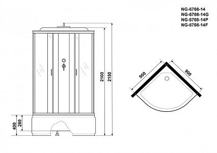 Душевая кабина Niagara NG 6708-14G 90x90 стекло прозрачное, профиль черный, гидромассаж