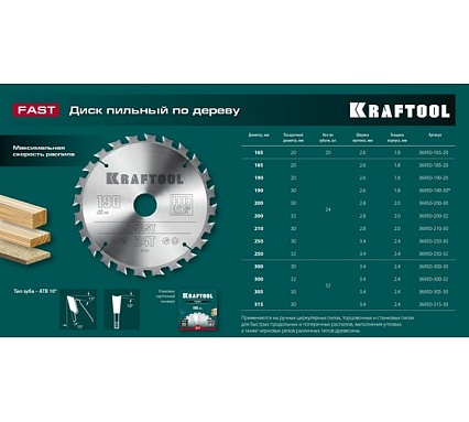 Диск пильный по дереву Kraftool Fast 185x20 мм, 24Т 36950-185-20