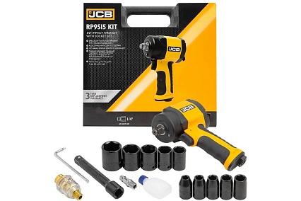 Пневмогайковерт ударный JCB "Compact" в облегченном корпусе с реверсом и регулировкой усилия 1/2" с насадками JCB-RP9515 KIT(58331)