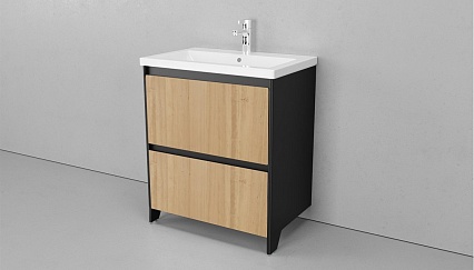 Мебель для ванной Velvex Klaufs 70 см напольная, 2 ящика, черный матовый/дерево шатанэ