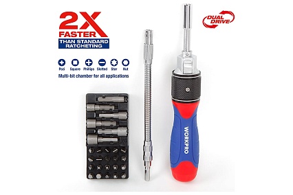 Отвертка WORKPRO 2X DRIVE с трещоткой, 28 предметов WP221053