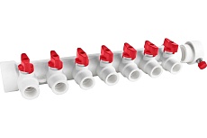 Коллектор PPR Valfex с отсечными красными кранами и воздухоотводчиком, 40x20, 7 выходов, белый К 111134007R