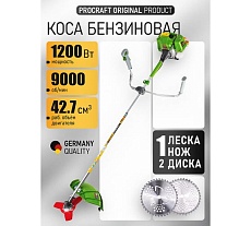 Коса бензиновая двухтактная PROCRAFT 42,7 см3, 3,5 л.с. леска+2 диска+нож, неразборный вал Т4500