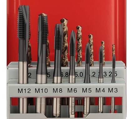 Набор машинных метчиков H-Tools M3-M12 HSSE-TiALN DIN371/376 + сверла 14пр 245051FHT